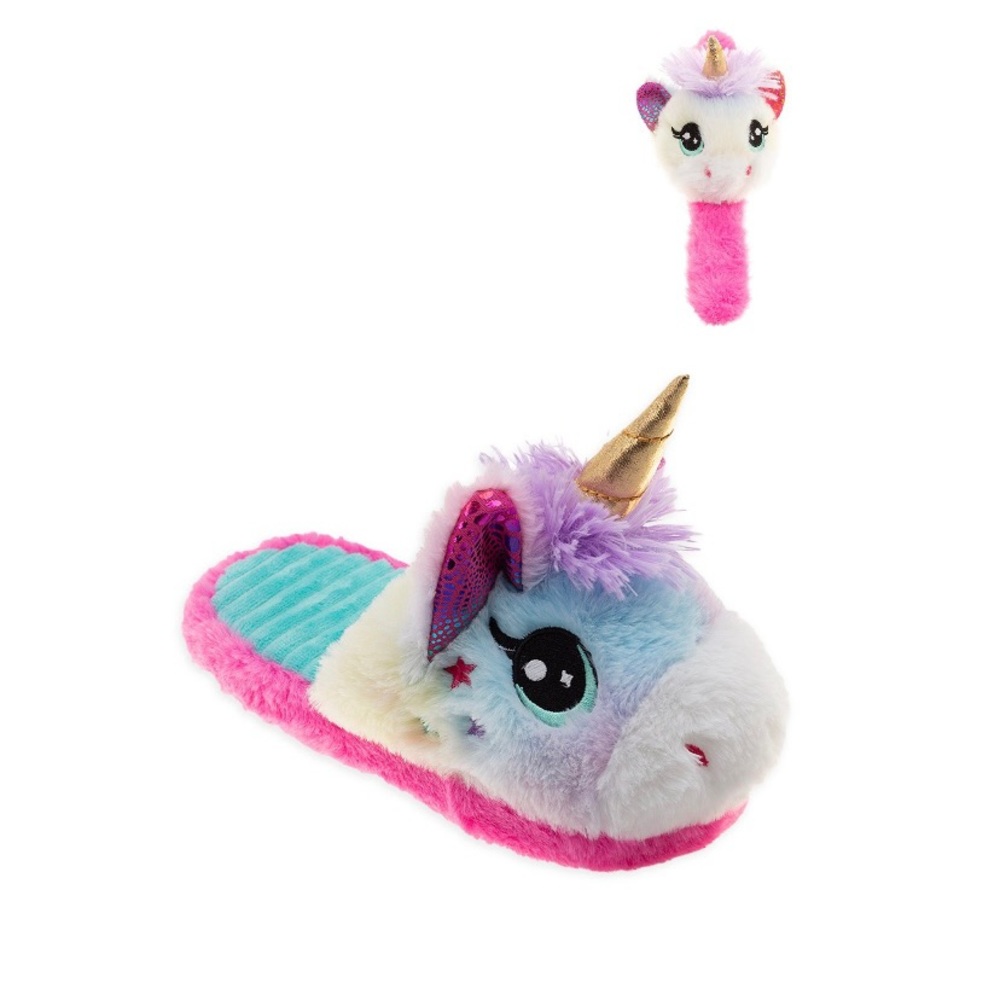 Unicorn Girl’s Plush Character Slipper with Matching Wrist Hugger Slap Bracelet